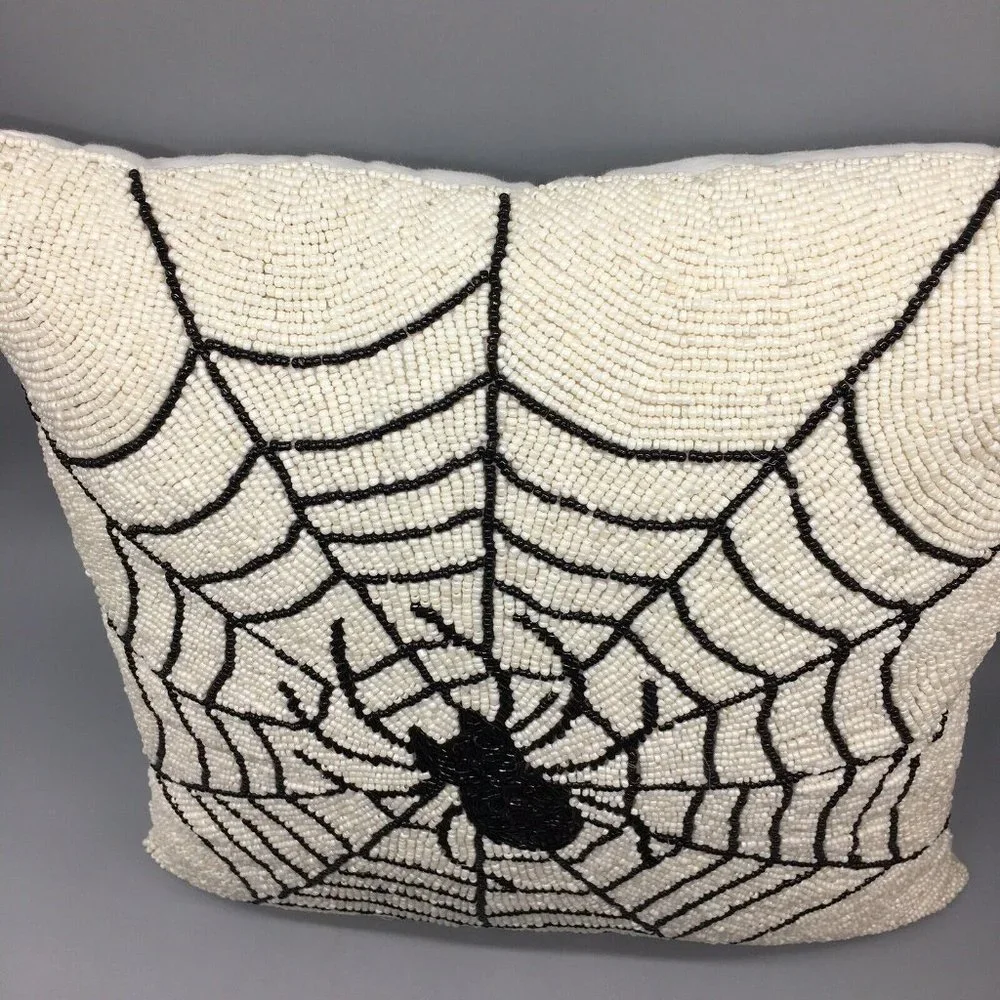 Noir Night Halloween Black Spider Web Beaded Throw Pillow Spiderweb 16